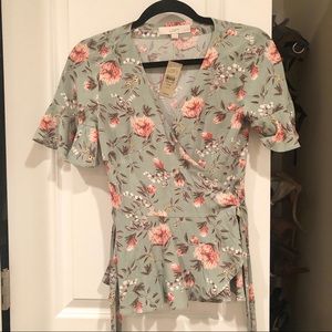 LOFT green floral wrap top